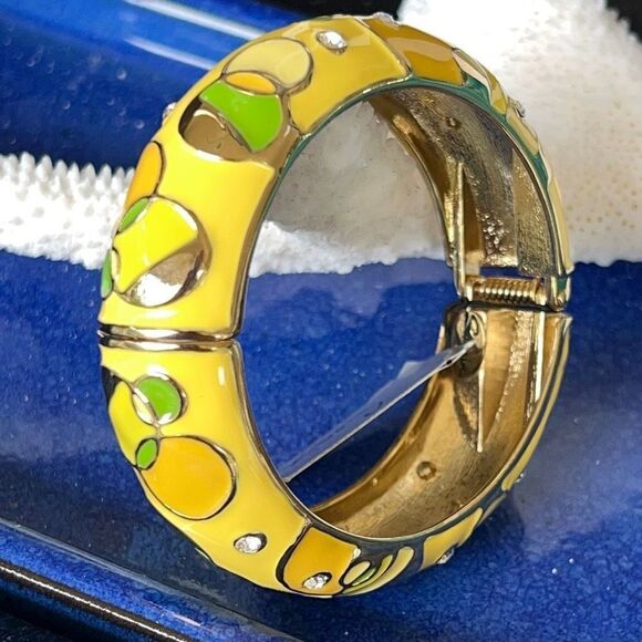 Yellow & Green  Enamel Geometric Pattern Accented with Clear Crystals in Gold Hi - Picture 3 of 11